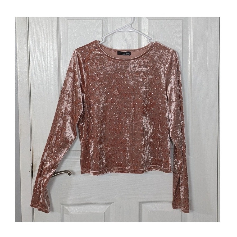 Rhinestone Pink Velvet Talent Long Sleeve Embellished Blouse Top Size 1XL